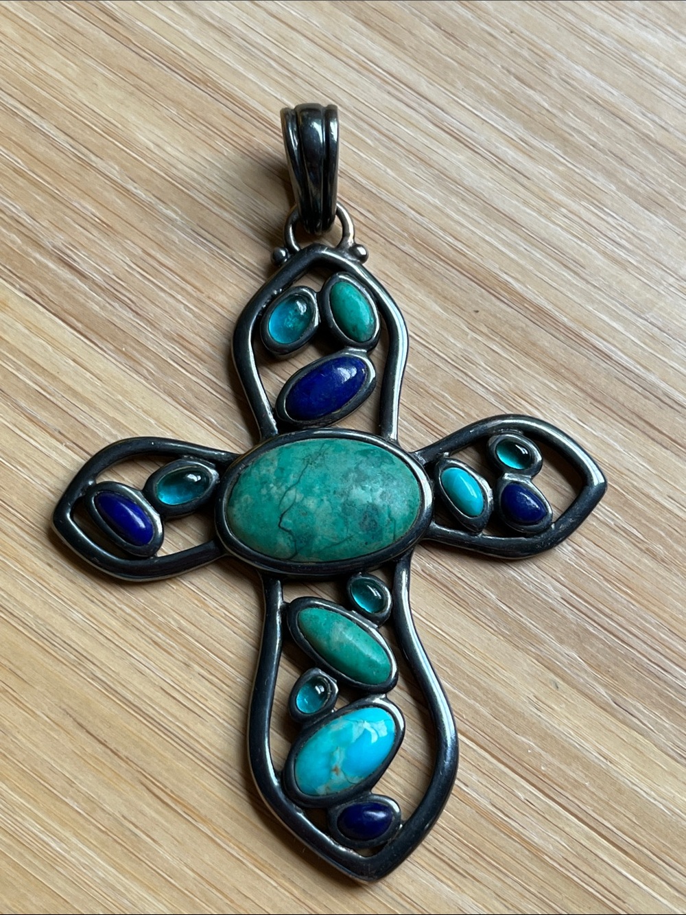Vintage Studio Barse Sterling Turquoise Mosaic Cross 3” EUC oxidized